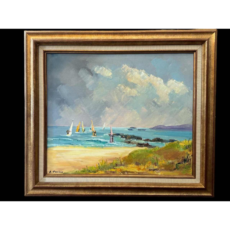 "Véliplanchistes" peinture huile sur toile ca 1980 signée, artiste à identifier