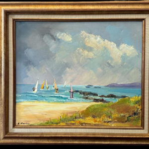 "Windsurfers" schilderij olieverf op doek ca 1980 gesigneerd, kunstenaar te identificeren