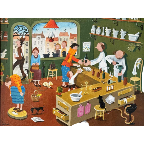 Marie-Louise BATARDY (1943-): « A la pharmacie » peinture huile sur toile