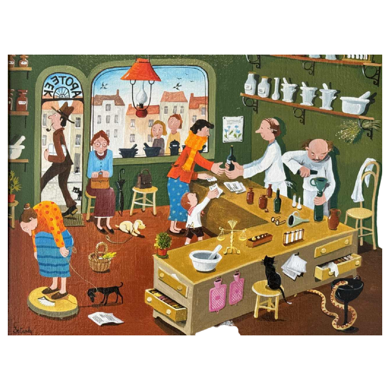 Marie-Louise BATARDY (1943-): « A la pharmacie » peinture huile sur toile