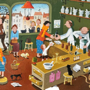 Marie-Louise BATARDY (1943-): « Aan de apotheek » schilderij olie op doek