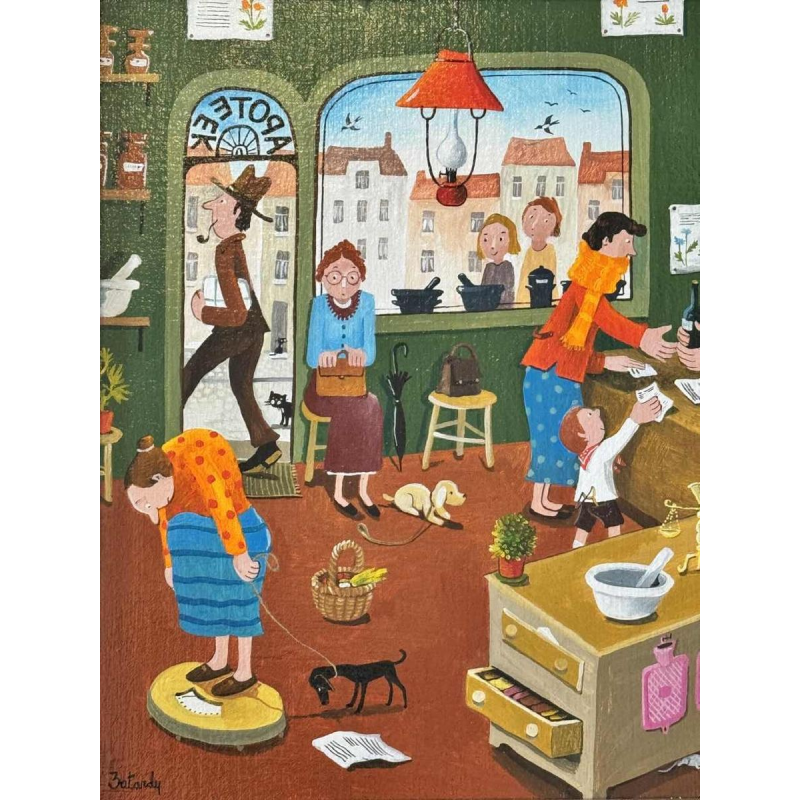 Marie-Louise BATARDY (1943-): « A la pharmacie » peinture huile sur toile