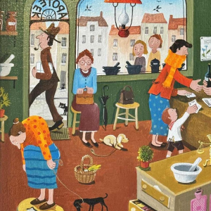 Marie-Louise BATARDY (1943-): « Aan de apotheek » schilderij olie op doek