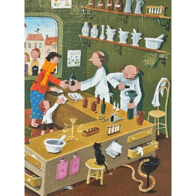 Marie-Louise BATARDY (1943-): « Aan de apotheek » schilderij olie op doek