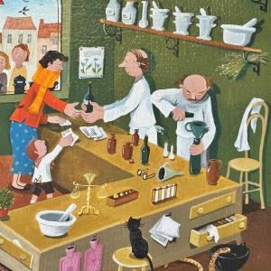 Marie-Louise BATARDY (1943-): «At the chemistry » painting oil on canvas