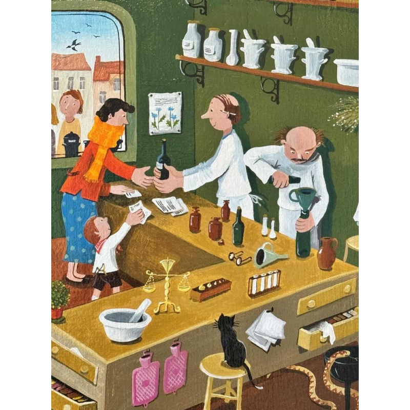 Marie-Louise BATARDY (1943-): « A la pharmacie » peinture huile sur toile