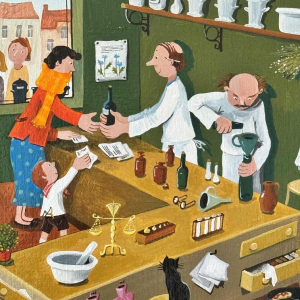 Marie-Louise BATARDY (1943-): « Aan de apotheek » schilderij olie op doek