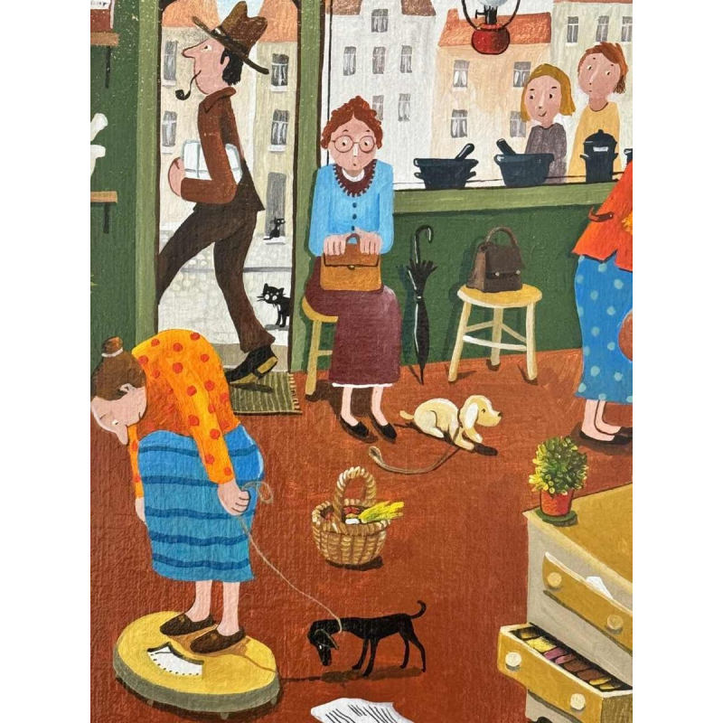 Marie-Louise BATARDY (1943-): « A la pharmacie » peinture huile sur toile