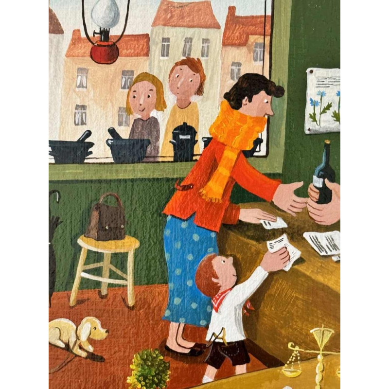 Marie-Louise BATARDY (1943-): « A la pharmacie » peinture huile sur toile