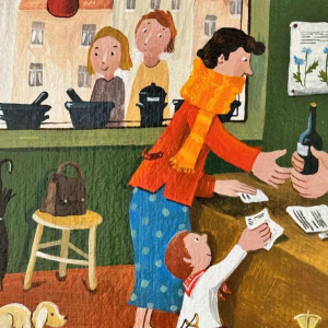 Marie-Louise BATARDY (1943-): « A la pharmacie » peinture huile sur toile