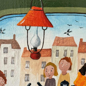 Marie-Louise BATARDY (1943-): « Aan de apotheek » schilderij olie op doek