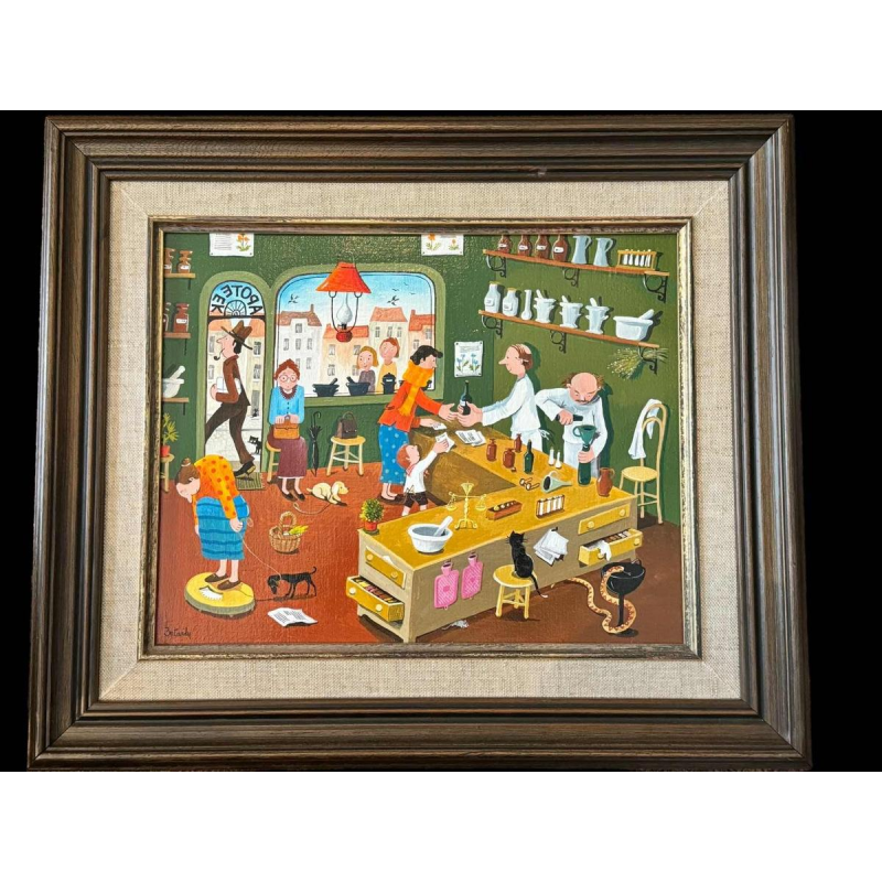 Marie-Louise BATARDY (1943-): « Aan de apotheek » schilderij olie op doek