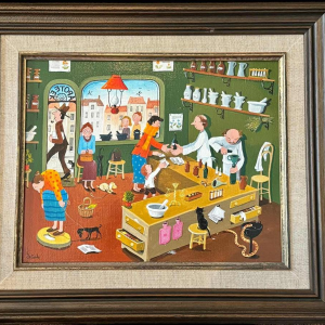 Marie-Louise BATARDY (1943-): « A la pharmacie » peinture huile sur toile