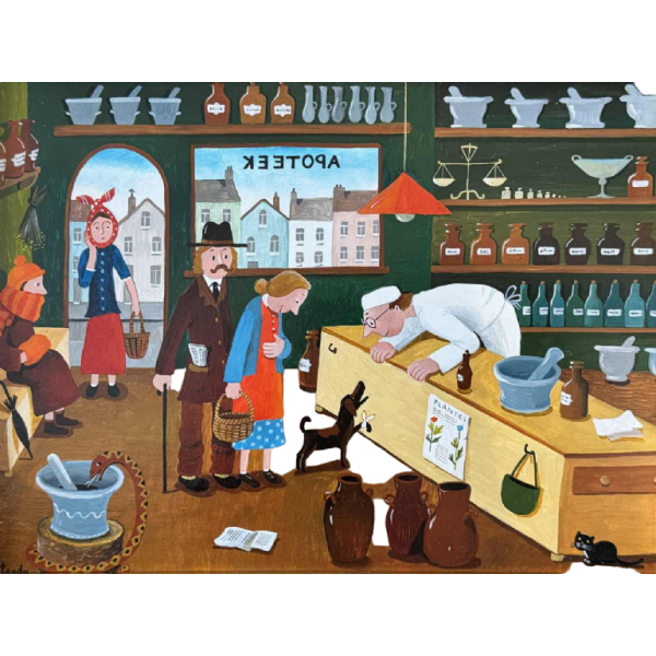 Marie-Louise BATARDY « Aan de apotheek » schilderij olie op doek