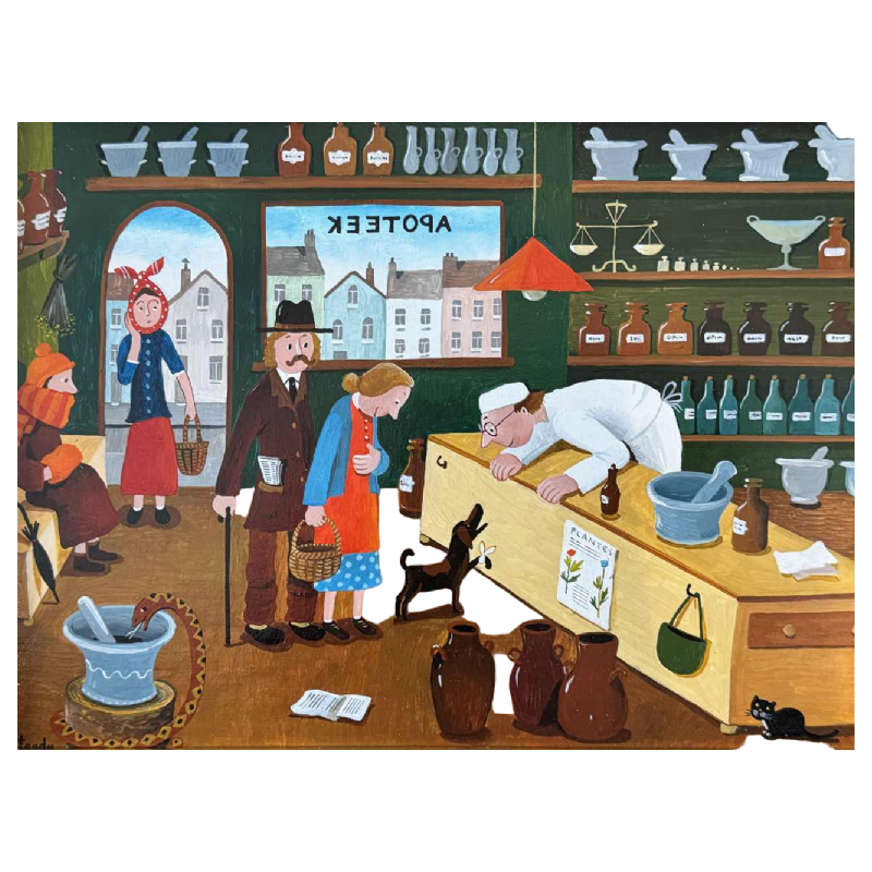 Marie-Louise BATARDY « A la pharmacie » peinture huile sur toile