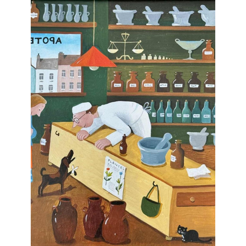 Marie-Louise BATARDY « Aan de apotheek » schilderij olie op doek