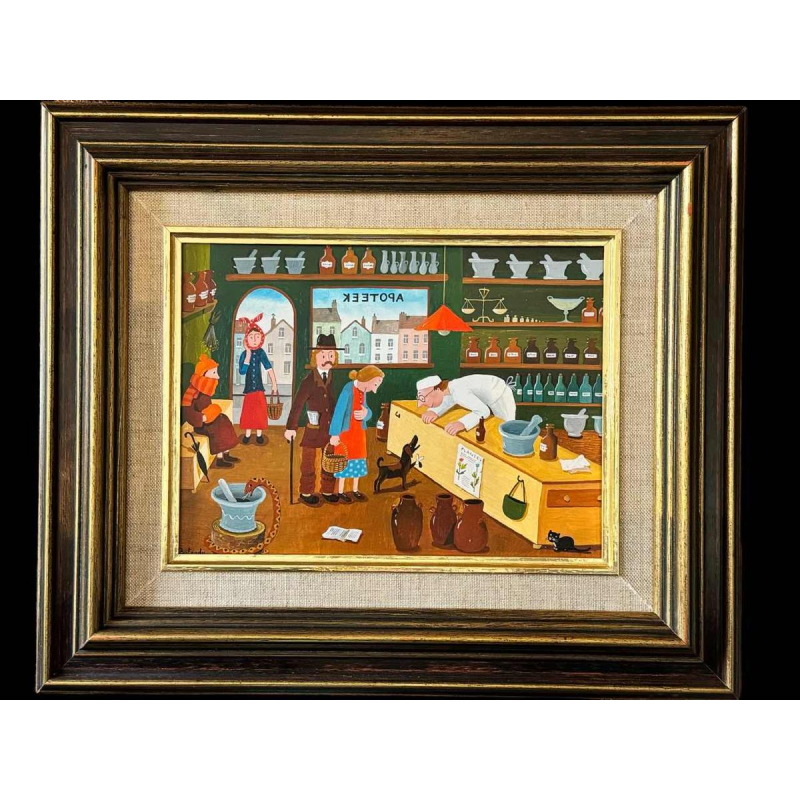 Marie-Louise BATARDY « Aan de apotheek » schilderij olie op doek