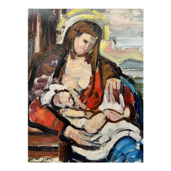 Pierre Saint-Sorny « Mère et enfant» et « marché » 2 peintures en 1, huile sur panneau