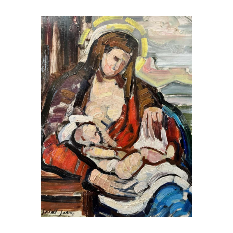 Pierre Saint-Sorny « Mère et enfant» et « marché » 2 peintures en 1, huile sur panneau