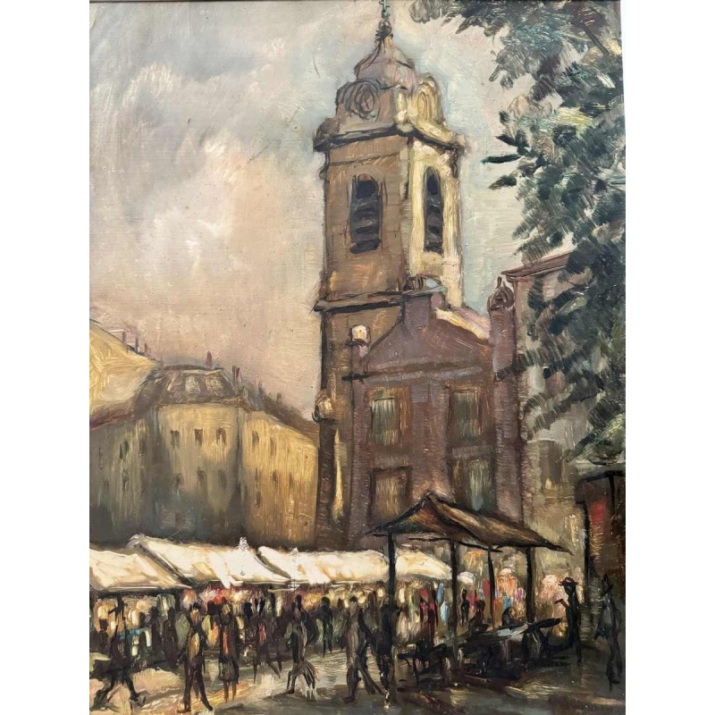 Pierre Saint-Sorny (1914-) "Mother and child" and "market" 2 paintings in 1, oil on panel