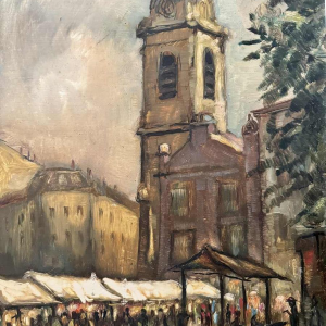 Pierre Saint-Sorny « Mère et enfant» et « marché » 2 peintures en 1, huile sur panneau