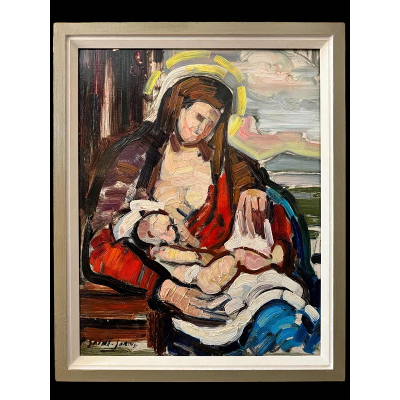 Pierre Saint-Sorny (1914-) "Mother and child" and "market" 2 paintings in 1, oil on panel