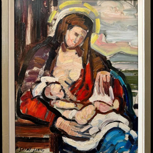 Pierre Saint-Sorny (1914-) "Mother and child" and "market" 2 paintings in 1, oil on panel