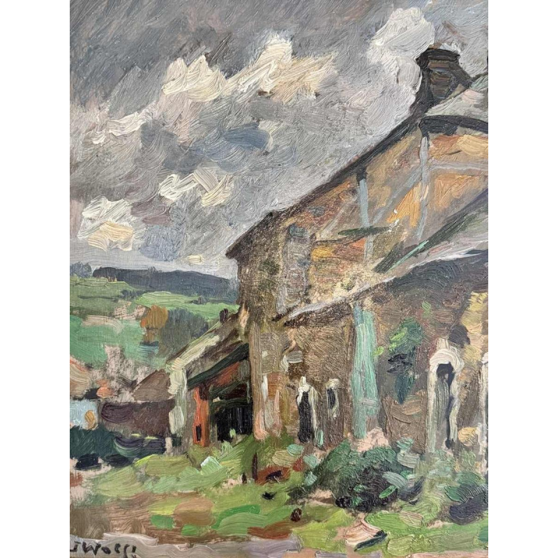José WOLFF "Ardennes farmhouse" oil on panel