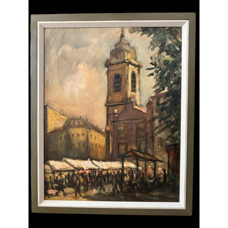 Pierre Saint-Sorny (1914-) "Mother and child" and "market" 2 paintings in 1, oil on panel