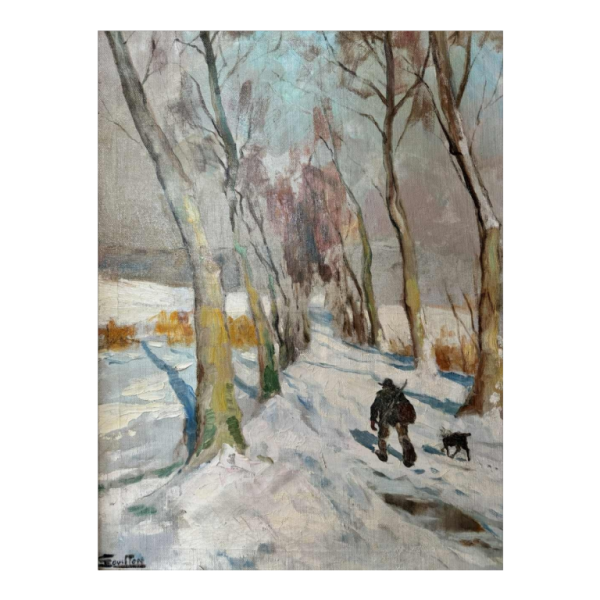 Georges BOUILLON (1891-1943): « Chasseur et son chien dans la neige » peinture