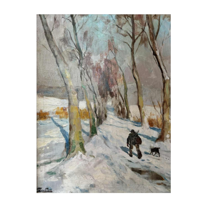 Georges BOUILLON " Hunter and his dog in the snow " oil on canvas