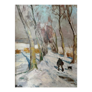 Georges BOUILLON " Hunter and his dog in the snow " oil on canvas