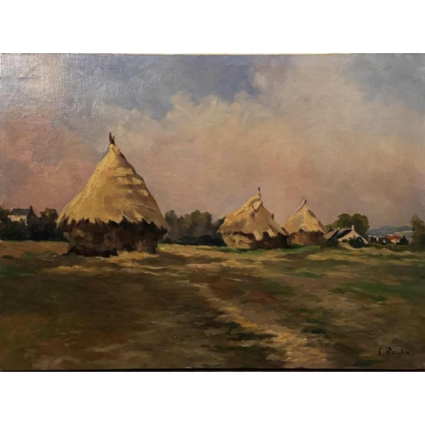 Émile ROULIN (vers 1958) « Meules de foin dans un paysage mosan ou condruzien »
