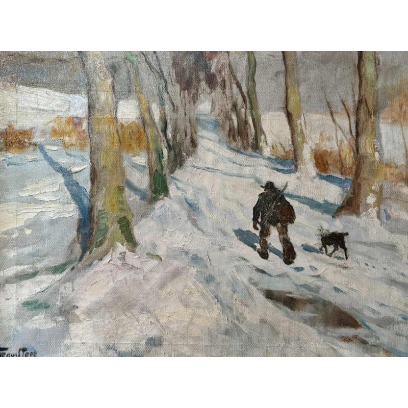 Georges BOUILLON (1891-1943): « Chasseur et son chien dans la neige » peinture