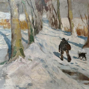 Georges BOUILLON " Hunter and his dog in the snow " oil on canvas