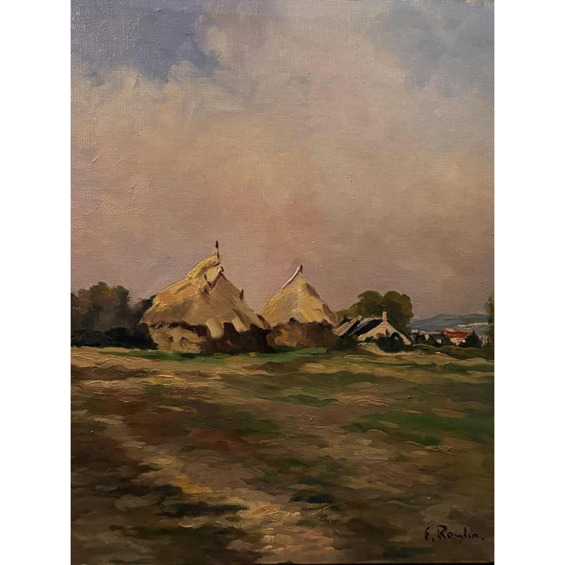 Émile ROULIN (vers 1958) « Meules de foin dans un paysage mosan ou condruzien »