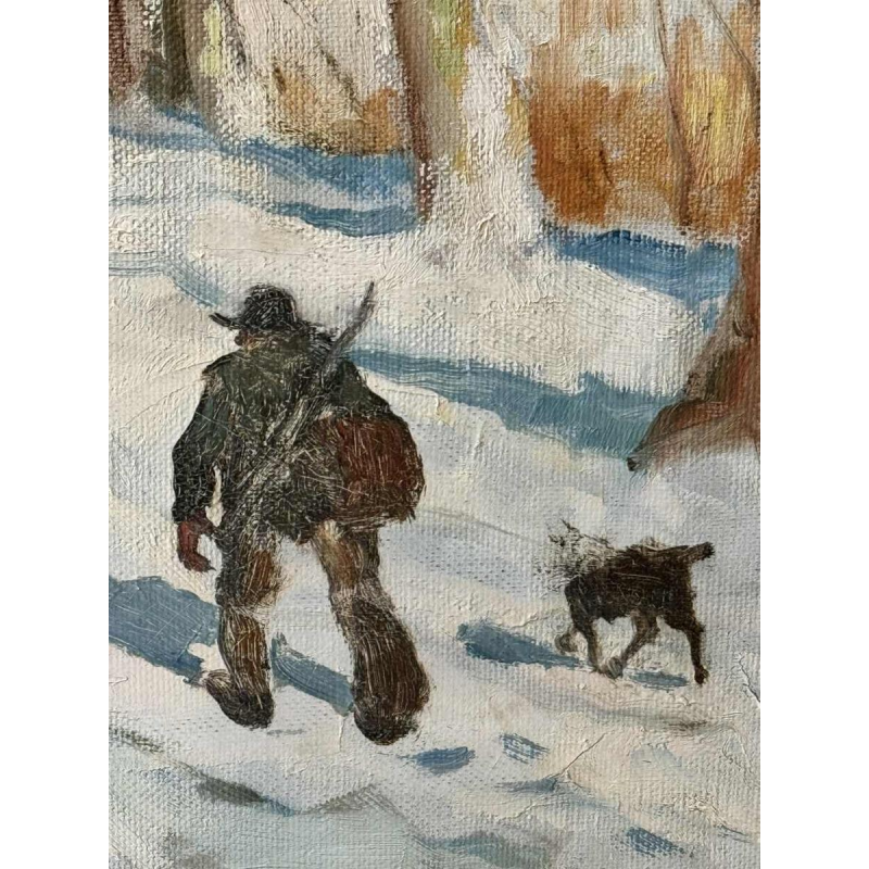 Georges BOUILLON (1891-1943): « Chasseur et son chien dans la neige » peinture