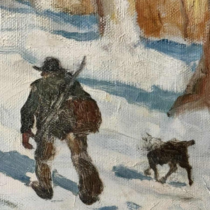 Georges BOUILLON (1891-1943): « Chasseur et son chien dans la neige » peinture
