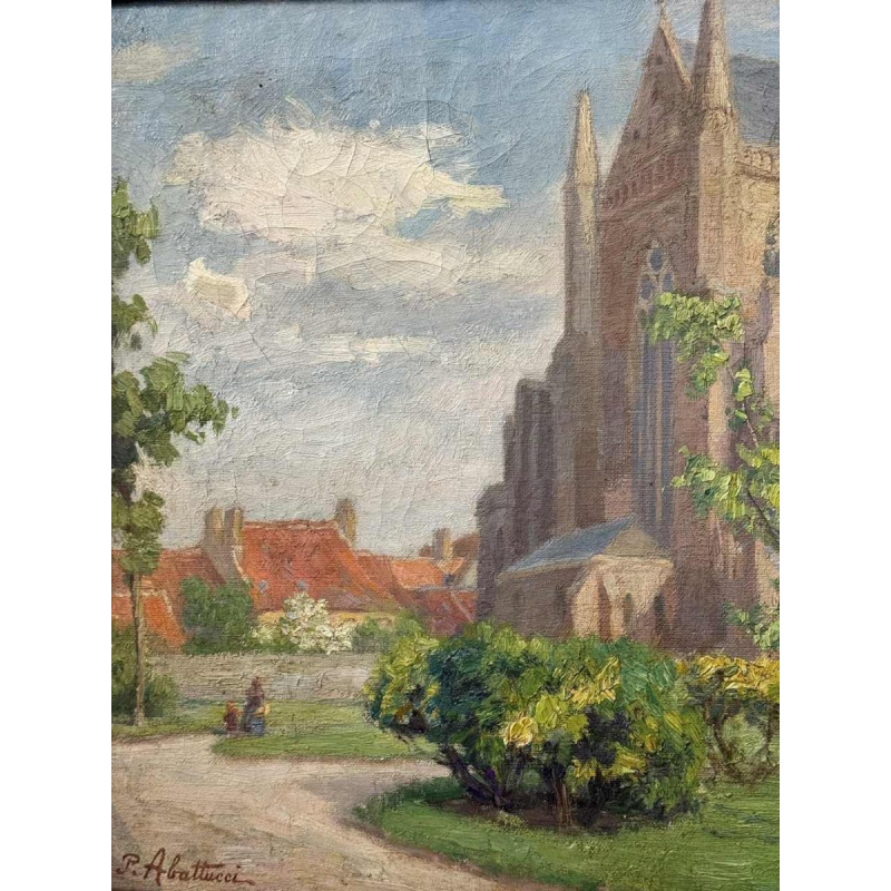 Pierre Abattucci (1871-1942): " Veurne Sint Walburgiskerk " schilderij
