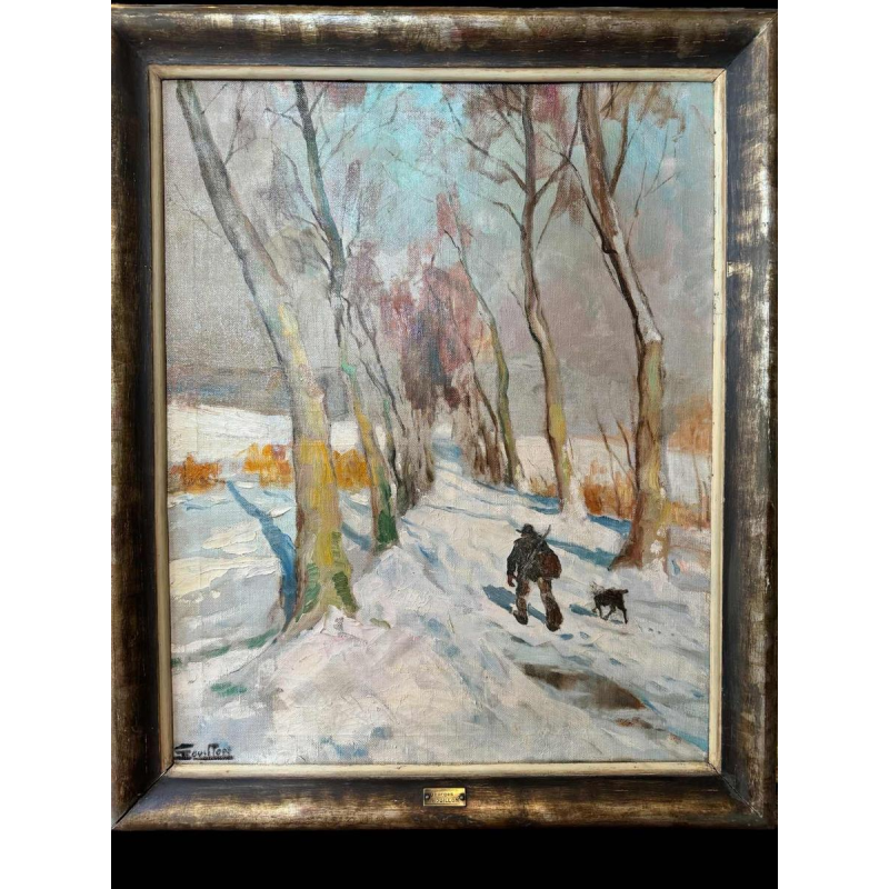 Georges BOUILLON " Hunter and his dog in the snow " oil on canvas