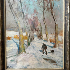 Georges BOUILLON (1891-1943): « Chasseur et son chien dans la neige » peinture