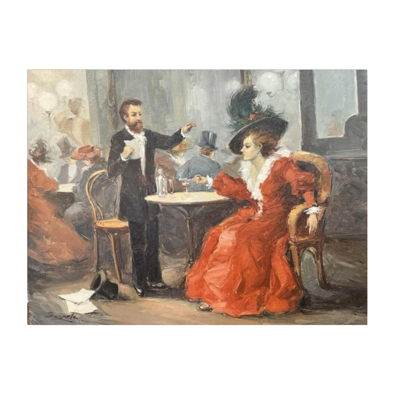 Scène de brasserie - bistrot à lépoque 1900, peinture huile sur toile, artiste à identifier