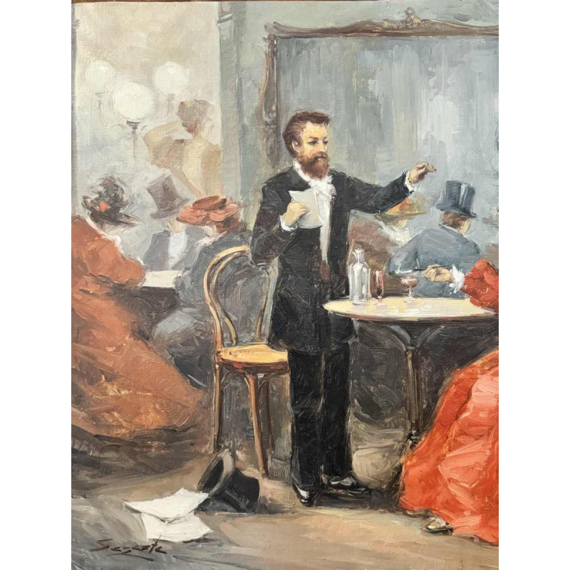 Scène de brasserie - bistrot à lépoque 1900, peinture huile sur toile, artiste à identifier