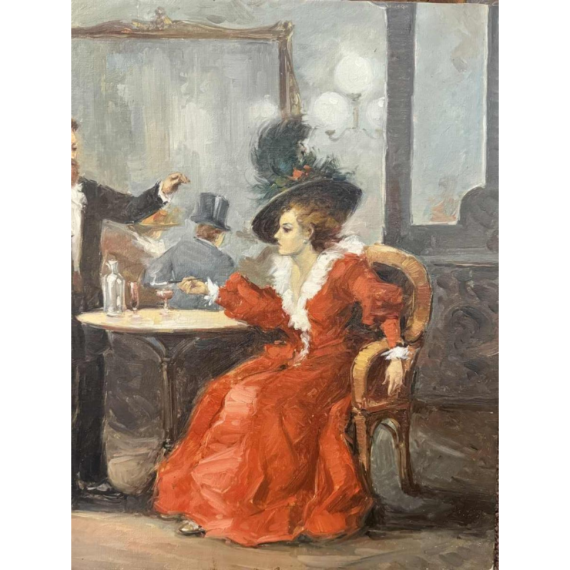 Brouwerijtafereel - bistro in de jaren 1900, schilderij olieverf op doek, kunstenaar te identificeren