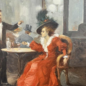 Scène de brasserie - bistrot à lépoque 1900, peinture huile sur toile, artiste à identifier