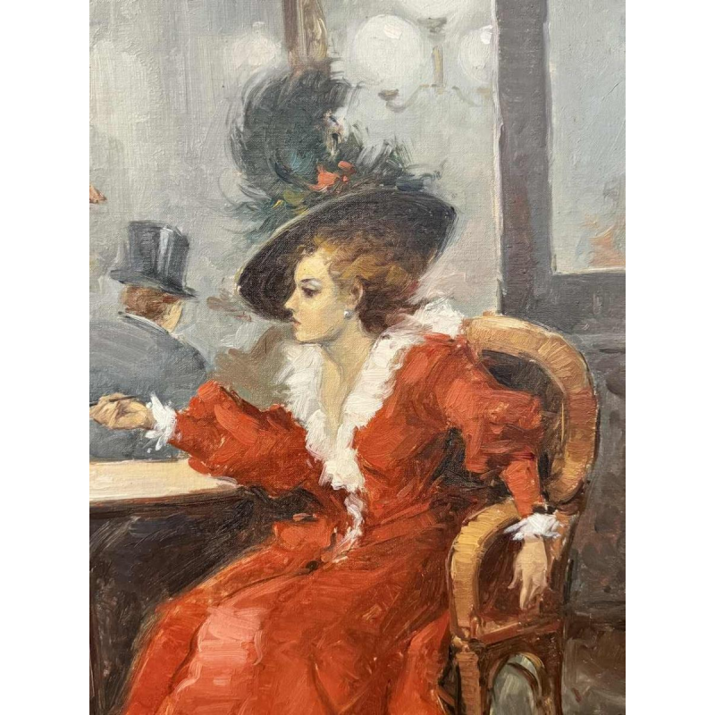 Brouwerijtafereel - bistro in de jaren 1900, schilderij olieverf op doek, kunstenaar te identificeren