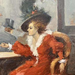 Scène de brasserie - bistrot à lépoque 1900, peinture huile sur toile, artiste à identifier