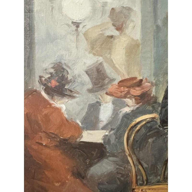 Scène de brasserie - bistrot à lépoque 1900, peinture huile sur toile, artiste à identifier