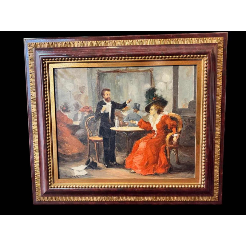 Brouwerijtafereel - bistro in de jaren 1900, schilderij olieverf op doek, kunstenaar te identificeren