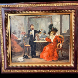 Brouwerijtafereel - bistro in de jaren 1900, schilderij olieverf op doek, kunstenaar te identificeren